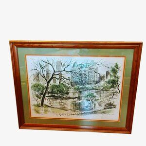 Original John Haymson Lithograph Art Print "Central Park Lake" 1950s NYC 29x23
